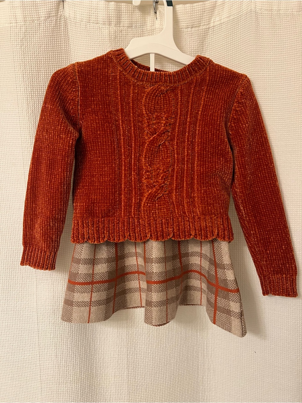 Tommy Bahama Chenile Cable Sweater with Knit Plaid Skirt Outfit